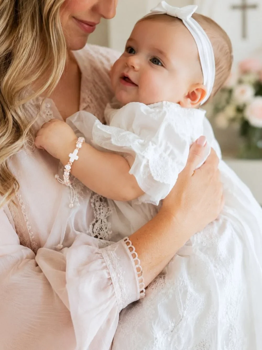 Baby Girl White Pearl Cross Baptism Christening Bracelet, Adjustable
